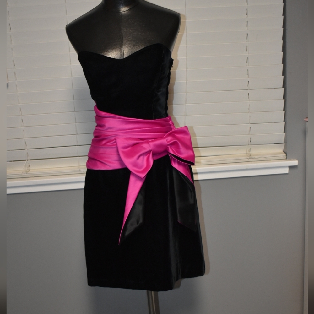 Betsey Johnson Black Strapless Dress with Pink Bow